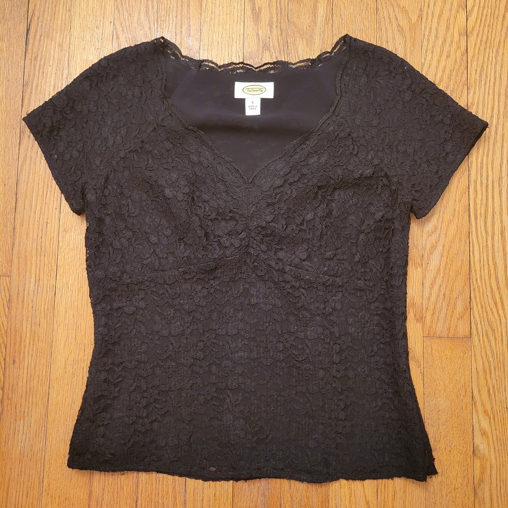 Talbots 4 Lace Top Black Short Sleeve V Neck Scalloped Floral Blouse Whimsigoth